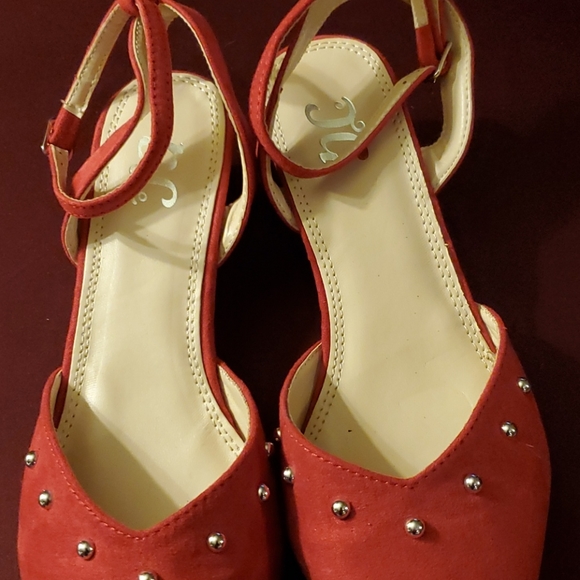 Red Faux Suede Ankle Wrap Wedges - Picture 4 of 11